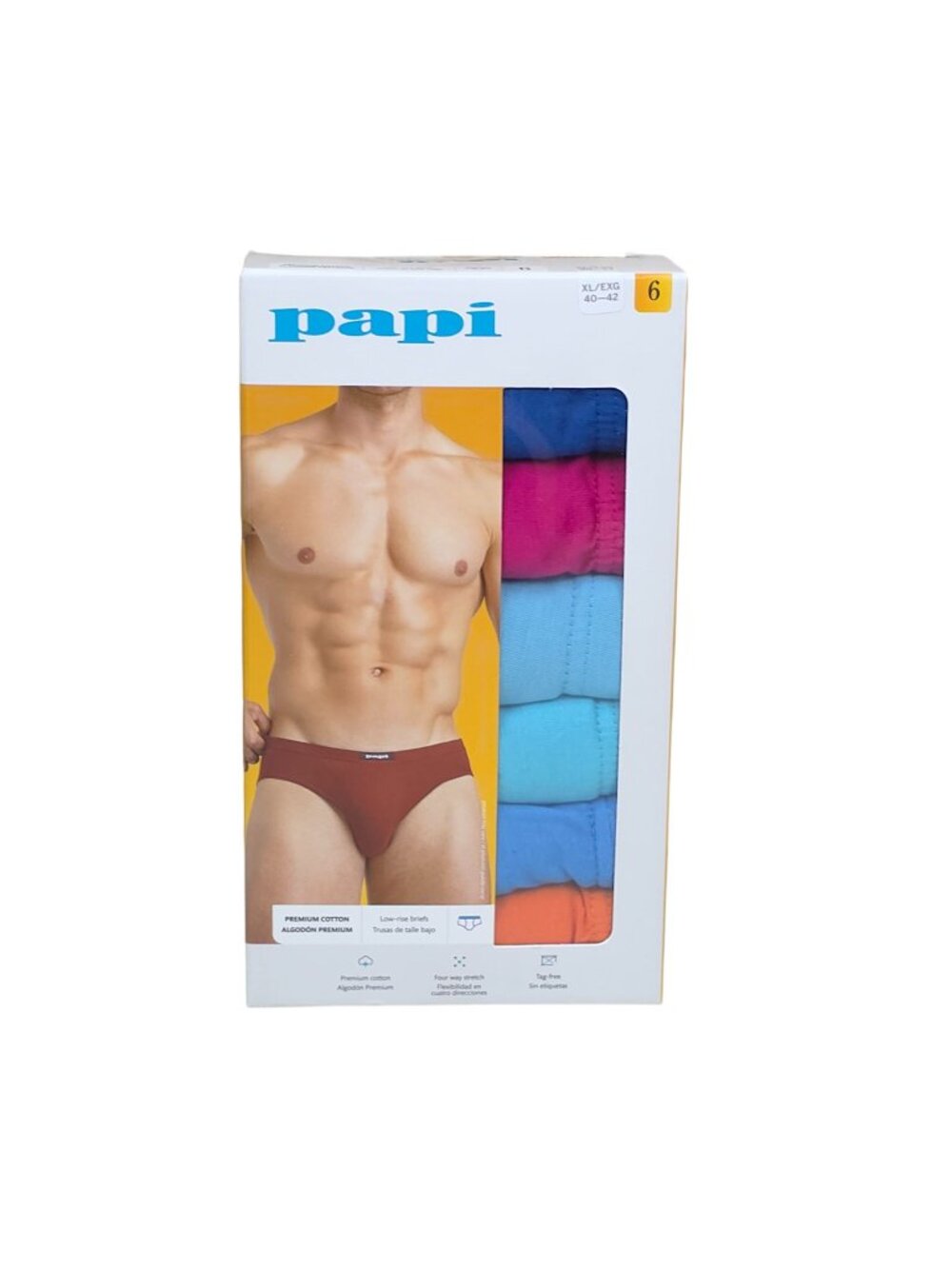 Papi Mens Premium Cotton Low-Rise Briefs 6-Pack XL Multi-Color Tag-Free